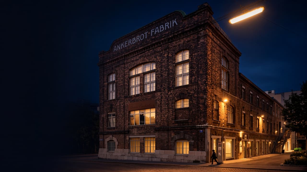 Ankerbrotfabrik Wien bei Nacht – Standort von Anchor Stage