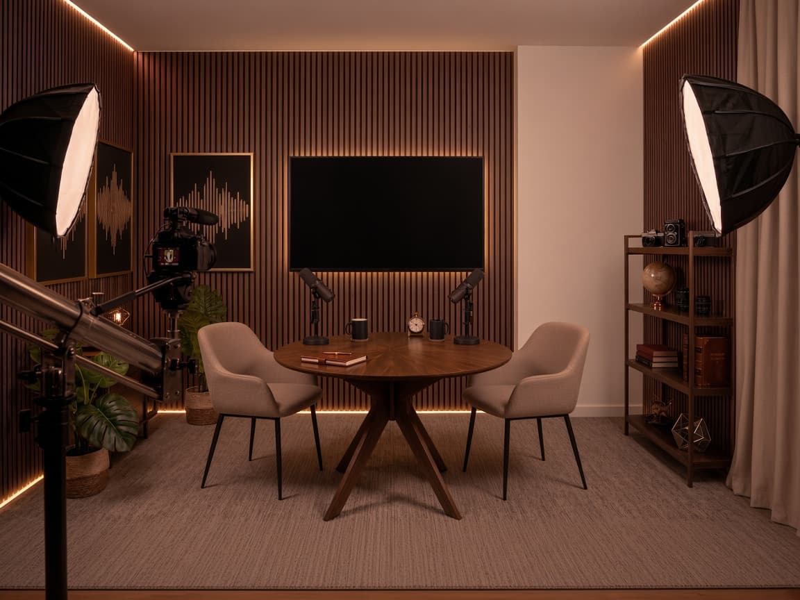 Studio-Architektur mit Säulen und TV-Setup