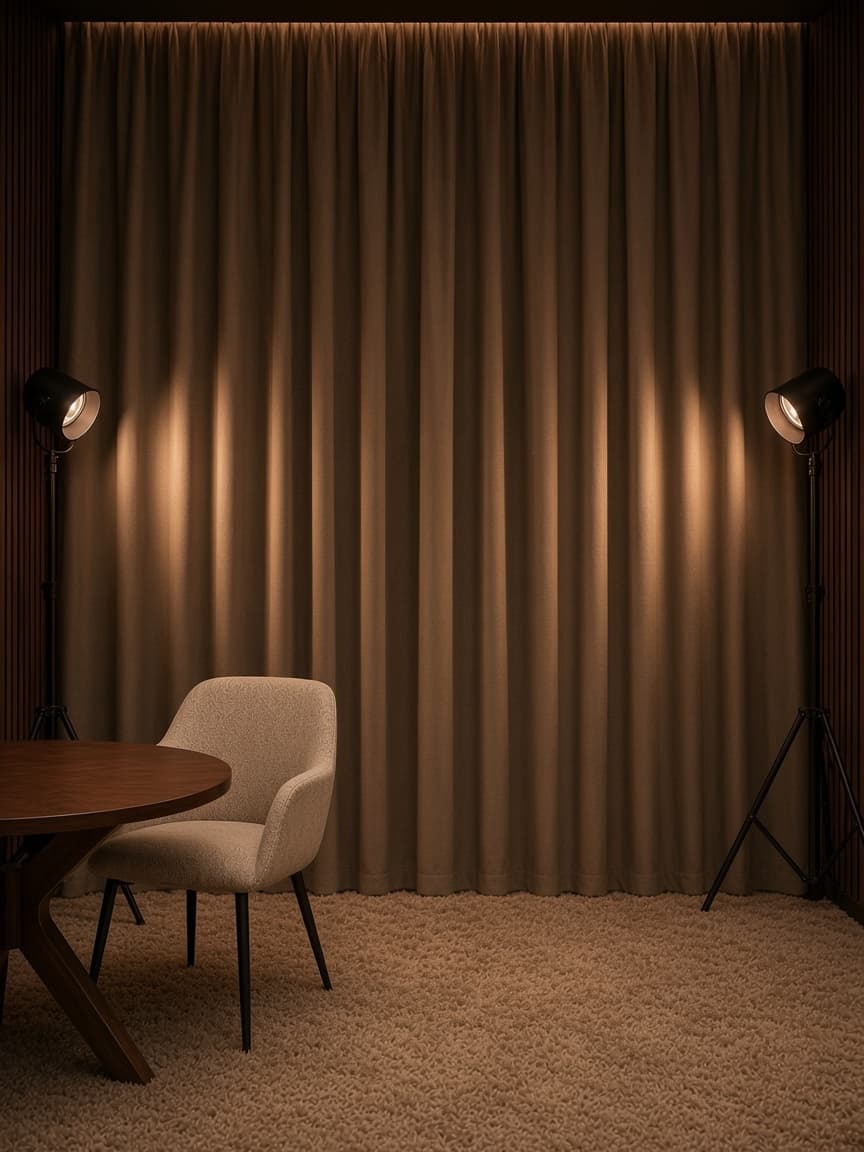 Leere Bühne mit Molton-Vorhang und Spotlights im Anchor Stage Studio
